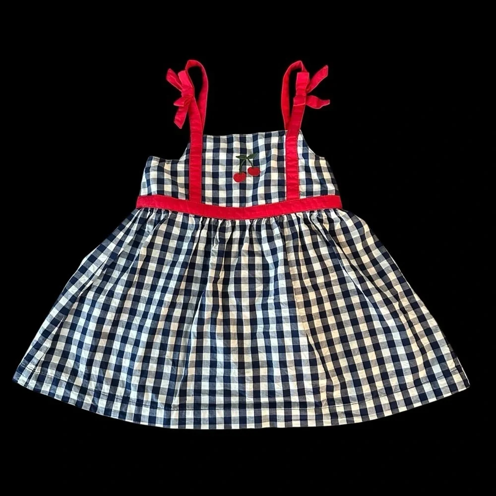 Hanna Andersson baby girls 18-24 months gingham Cherry Tank Dress Blue Bows Cute